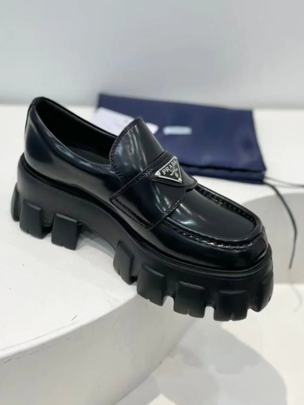 Prada Black Brushed Leather Triangle Logo Lug Sole Platform Loafers - Picture 6 of 8